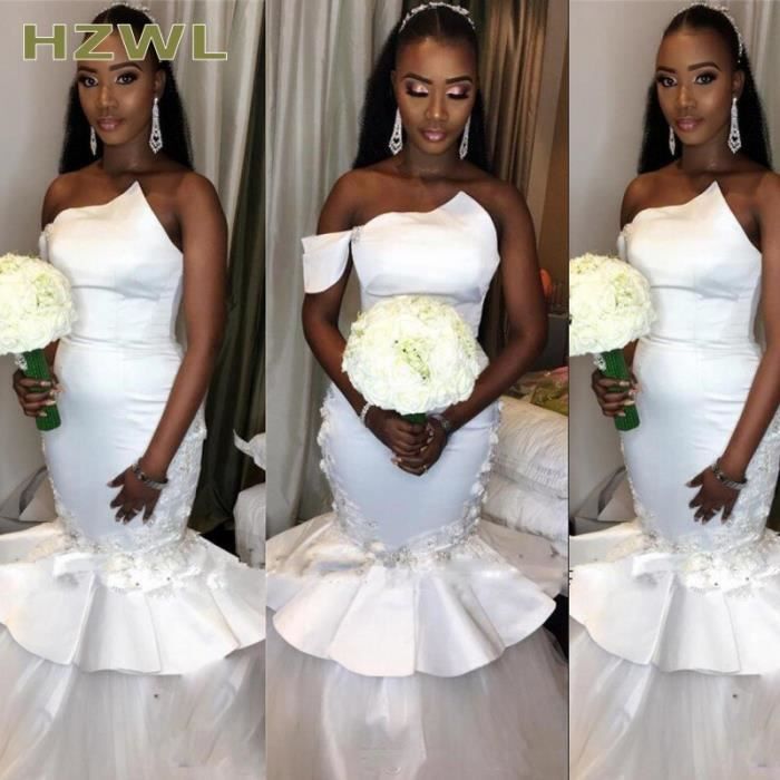 Robe de mariee sirene en Satin blanc asymetrique epaule denudee tenue de mariage perlee d afrique du sud sur mesure Blanc Cdiscount Pret a Porter