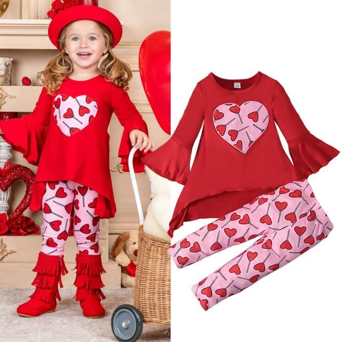 1-6 Ans 2 PCS Ensemble de Vêtements Bébé Fille : Haut Imprimé Cœur