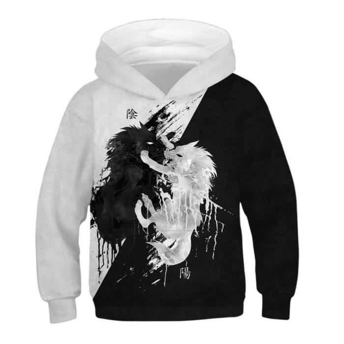 Sweat à Capuche Homme Loups Yin Yang Impression Numérique Noir