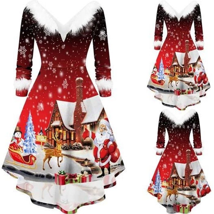 Noel Robe Femme Vintage Femme Chic Elegante Robes a Manches Longues Col V Imprimee pere Noel Robe Rouge Cdiscount Pret a Porter