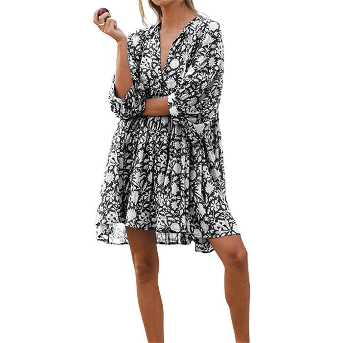 Acheter Robe Longue De Plage Décontractée Pour Femmes, Col En V, Manches Bouffantes, Imprimé Floral, Style Bohémien, Couture, Ourlet Fluide, Coupe Ample, 3/4