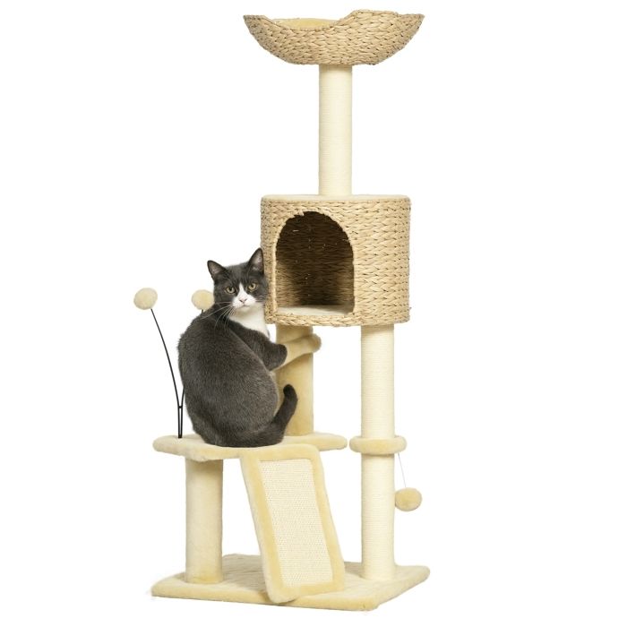 Arbre à chat - PawHut - hauteur 116 cm niche panier plateformes pompons jacinthe deau - peluche - beige