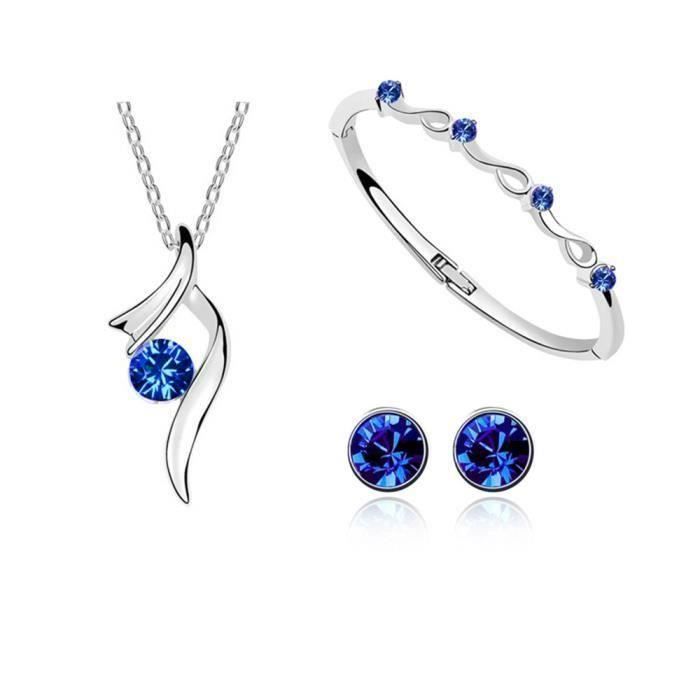 Parure De Bijoux De Mariée En Strass Bleu - Collier Et Boucles D'oreilles - Alliage Sans Nickel - Pour Fête, Soirée