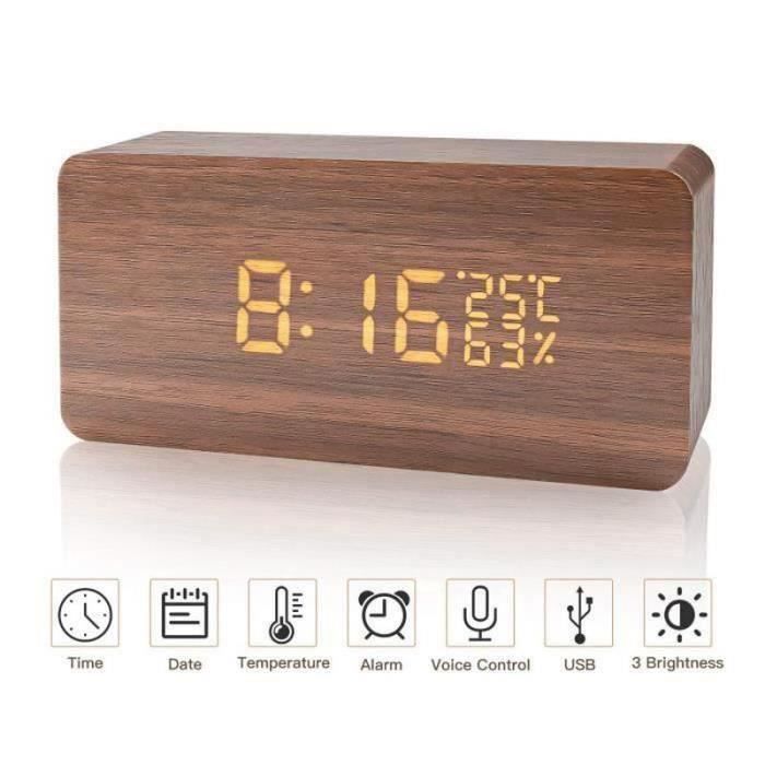 Réveil Numérique LED Design Bois - Affichage Heure, Date, Température - Commande Vocale, 3 Alarmes