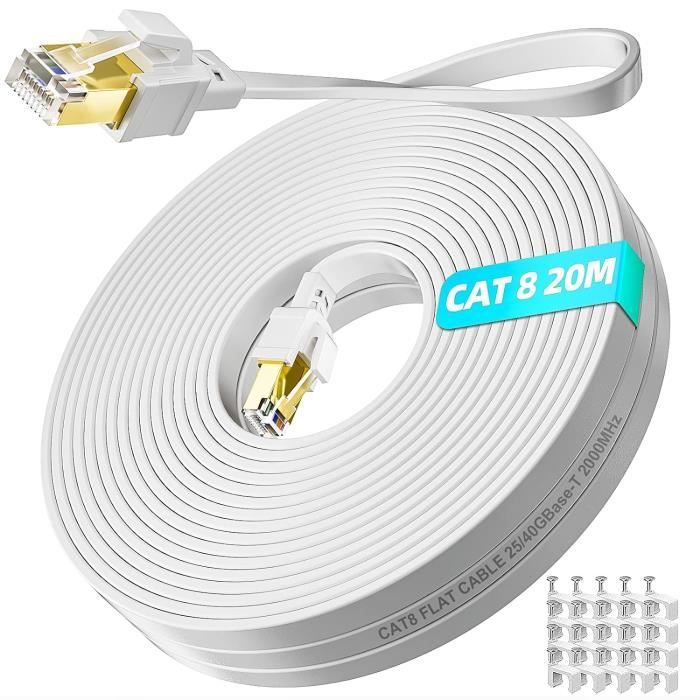 Cable Cat 8, Cable Rj45, 20m, Blindé Haut Debit Fibre Câble