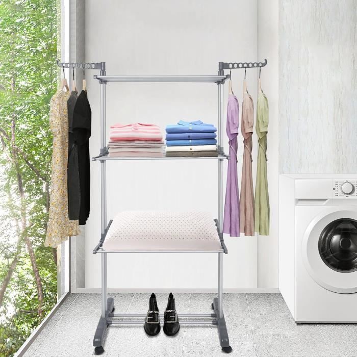 Étendoir à Linge 3 Niveaux Pliable Avec Roulettes - Support 30kg Pour Intérieur/Extérieur