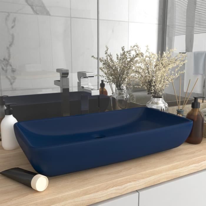 HOP-Lavabo de luxe rectangulaire Bleu foncé mat 71x38 cm Céramique-HOP146957