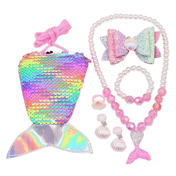 Sac Bandoulière Queue Sirène Paillettes Parure De Bijoux Sirène Pour Petites Filles, Sac à Paillettes, Bracelet, Collier, Boucles D'oreilles, 3-8 Ans Bijoux Sirène Fille