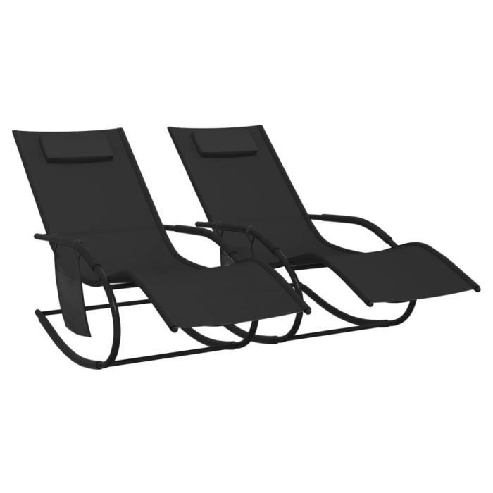 HUA Bains de soleil Chaises longues à bascule 2 pcs Noir Acier et
