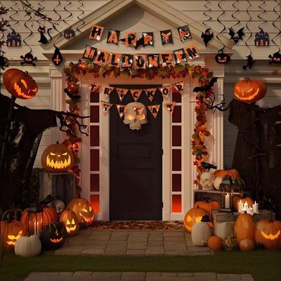 Déco Halloween Complète - Filet 1.5x2m, Guirlandes 3m, Ballons, Accessoires - Orange Et Noir, Pour Maison/fête