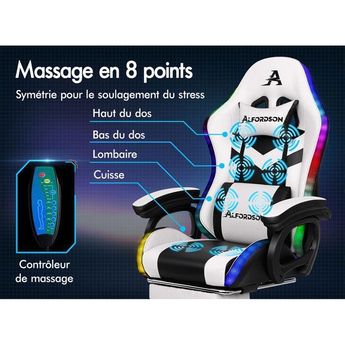 Gaming Chair Fauteuil De Jeu Massant ALFORDSON THOR - Repose-pieds, Inclinaison 150°, Capacité 180 Kg - Tissu Lin, Noir - Pour Gaming Et Bureau Fauteuil Gaming