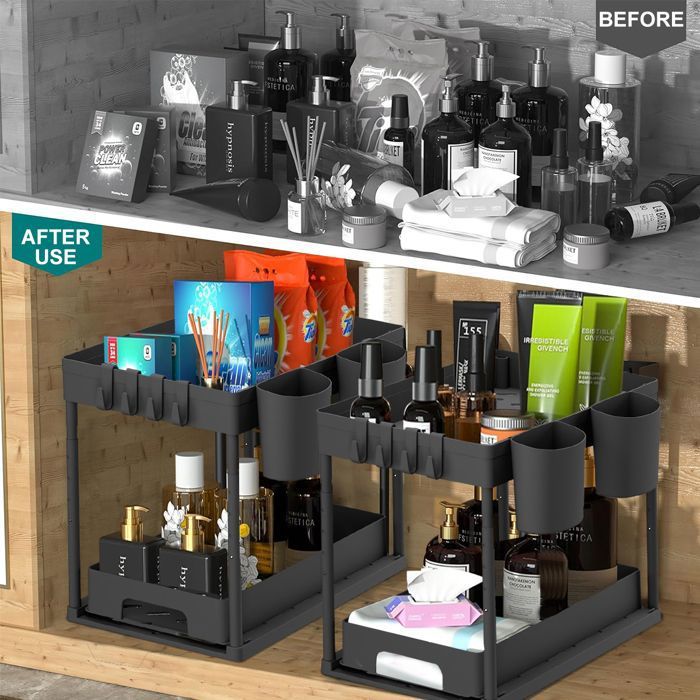 Organisateur Sous évier 2 étages - Lot De 2, Hauteur Réglable 33,5-41,5 Cm - Pour Cuisine, Salle De Bain, Buanderie