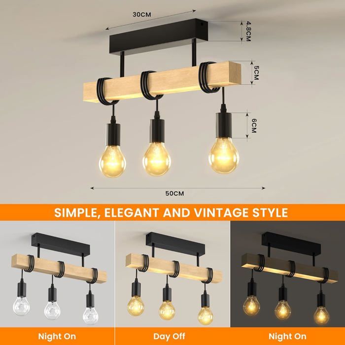 Lustre suspension vintage, 3 lampes en bois et métal, design industriel ...