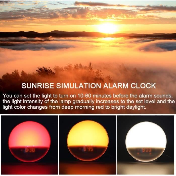 Réveil Simulateur D'Aube LED - Lampe De Chevet Avec 30 Sons, Luminosité Réglable, Minuterie De Sommeil, Design En Bois - 7
