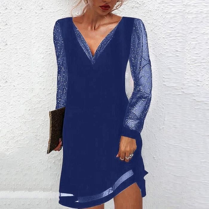 Femmes Col V Robe Manches Longues Tunique l gant Soir e F te