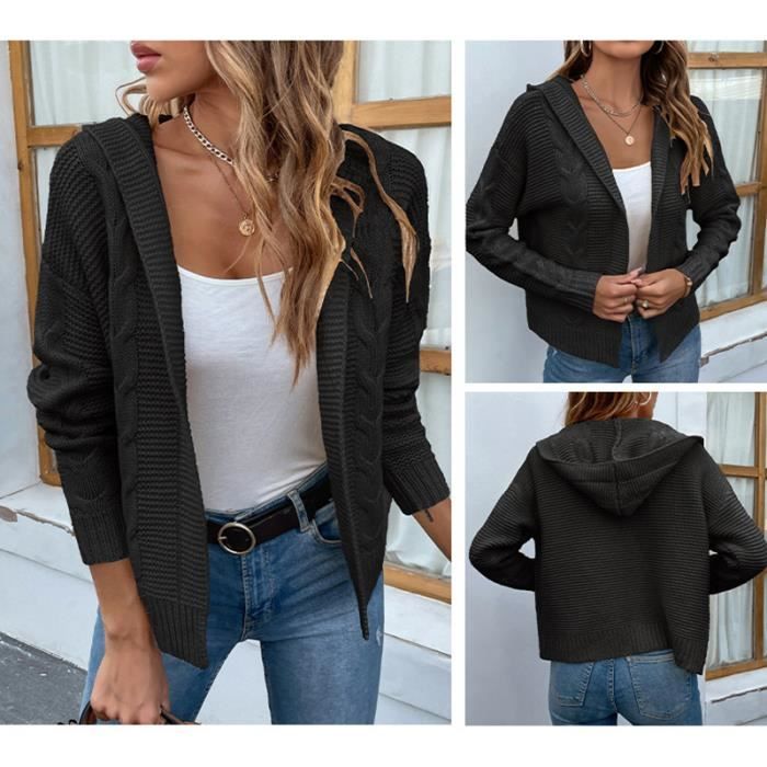 Gilet Femme Hiver Tricot A capuche Manches longues Chaud Noir