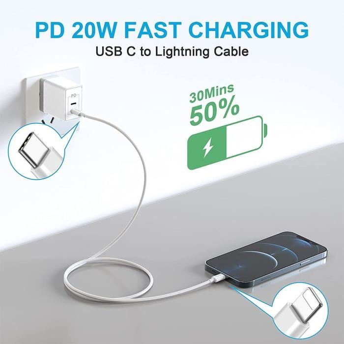 Chargeur Rapide IPhone 30W + Câble Lightning 2m - Certifié MFi - Compatible IPhone 14/13/12 Etc. - 9