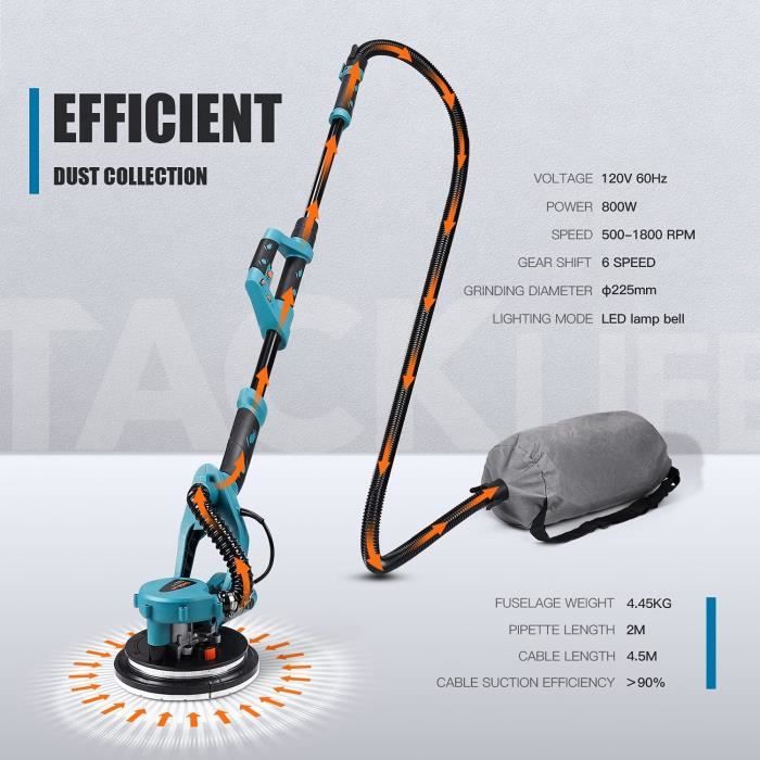 Ponceuse Girafe 750W Avec Aspiration - 6 Vitesses, Lumière LED, Manche Télescopique, Idéale Murs Et Plafonds