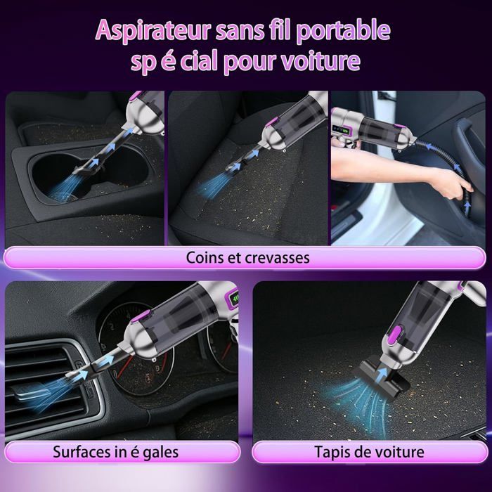 Aspirateur à Main 4en1,22000Pa Aspirateur à Main sans Fil,3 Vitesses Mini Aspirateur de Voiture avec Moteur Argent-violet - Electroménager