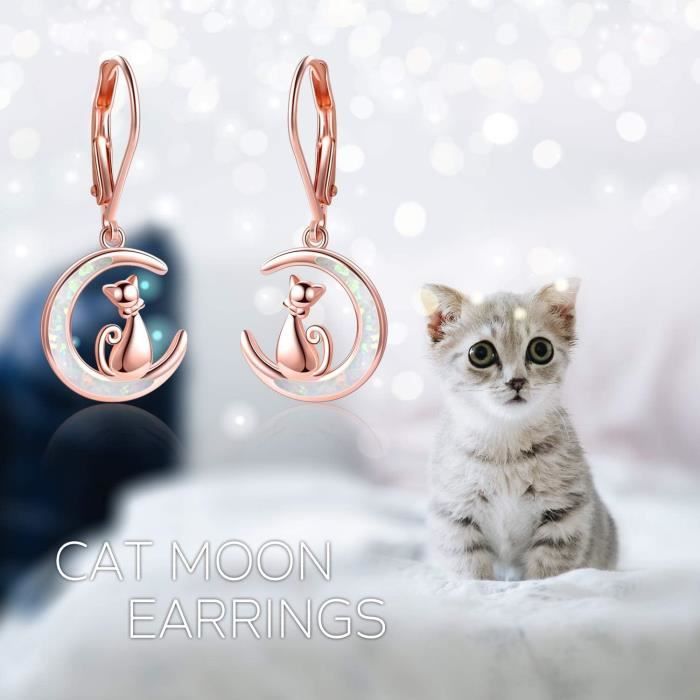 Boucles d'oreilles pendantes chat couleur argenté
