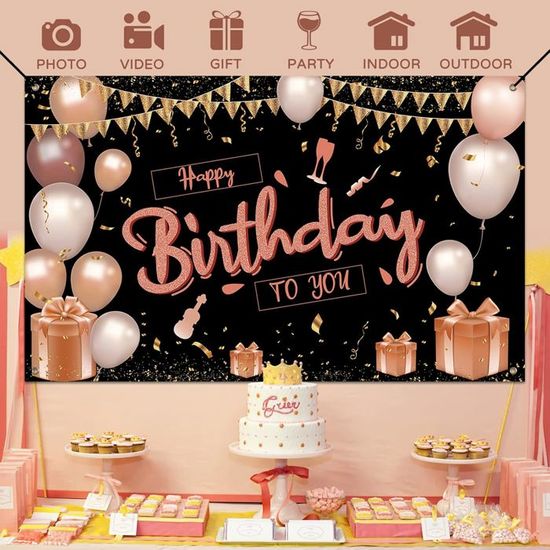 Banderole "Joyeux Anniversaire" En Tissu - 180x30cm - Tissu Polyester épais - Or Et Noir - Pour Intérieur/extérieur