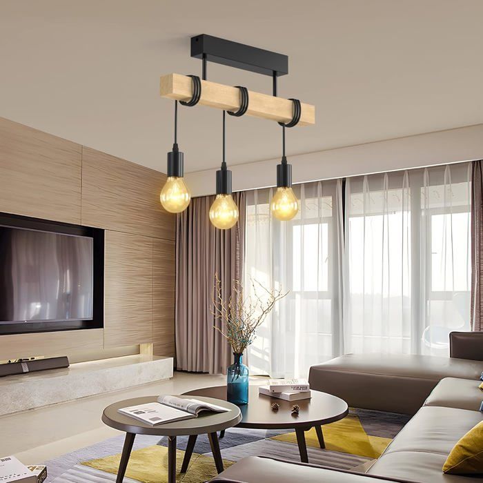 Lustre suspension vintage, 3 lampes en bois et métal, design industriel ...