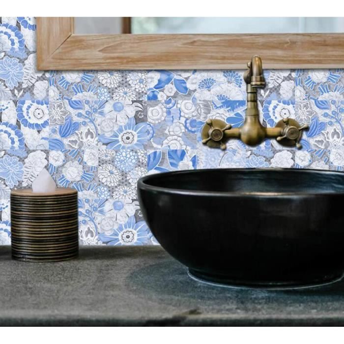 Stickers Carrelage CHGCRAFT 18 Autocollant De Carrelage à Fleurs Géométriques Bleues Carrelage Adhesif Mural Cuisine Rose