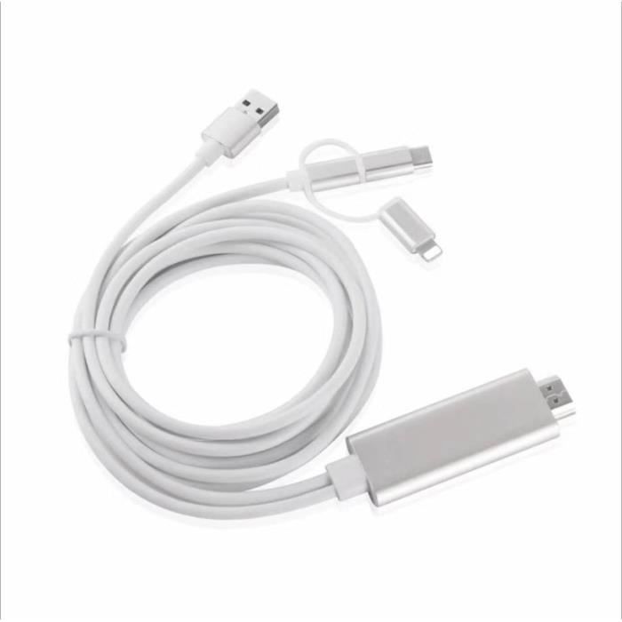 12€ sur 3 en 1 Lightning/Micro USB/Type-C to HDTV HDMI Adaptateur TV USB  Câble iPhone 8 / 8 Plus / 7 / 7 Plus / 6s et Samsung Galaxy S8 S8+ - Câbles  vidéo - Achat & prix