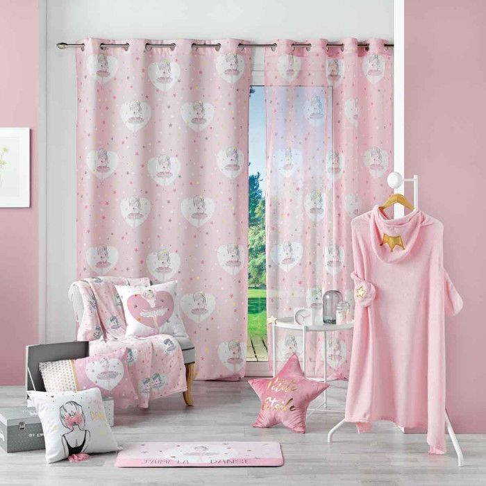 Rideau Enfant Eurofirany Motif Hiboux - 140x250cm - Blanc Et Rose - 8 Œillets Métalliques