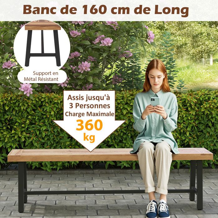 GOPLUS Banc de Terrasse de 160CM en Bois d'Acacia pour 3 Personnes ...