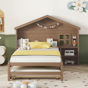 SOMMIER Lit enfant en forme de maison 90*200cm,lit plat,petite décoration de fenêtre,étagère de rangement,bois massif,marron