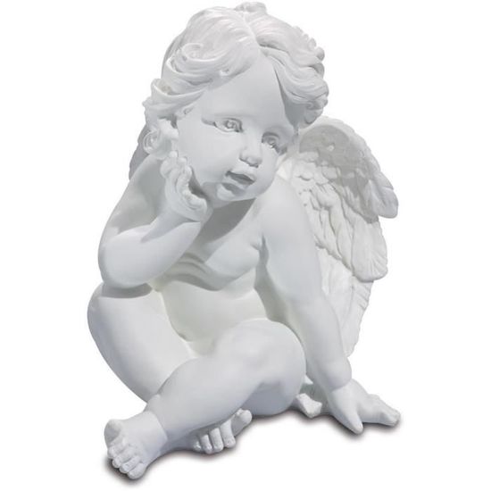 Figurine Ange Assis En Résine Blanc 13 Cm Grand, Belle Décoration