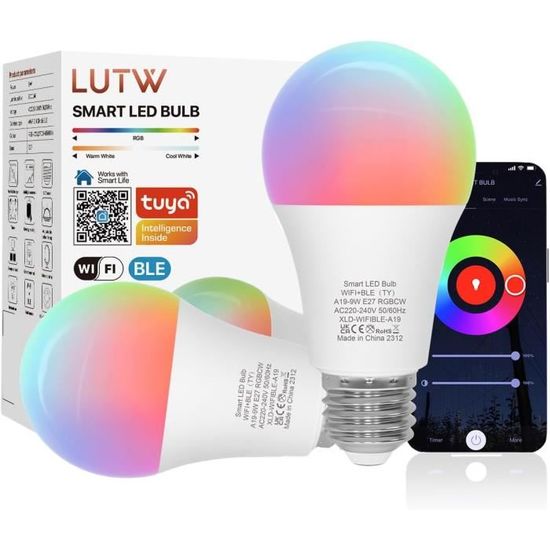 Lot De 3 Ampoules Connectées WiFi AERB E27 - Multicolores, 9W, 800 Lumens - Contrôle Vocal Alexa