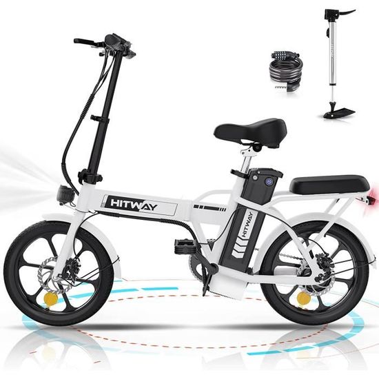Hitway Vélo Électrique Pliable 16" - E-Bike Adulte Ville - Batterie 36v/8,4ah - 3 Vitesses Max 25km/H - Pédalage Assisté -Blanc
