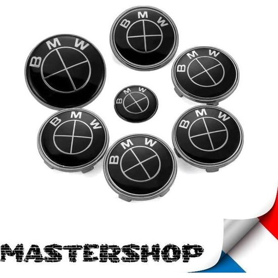 BMW kit 7 emblemes logo bmw full black - noir - 82mm - 74mm - 45mm - 68mm - Mastershop