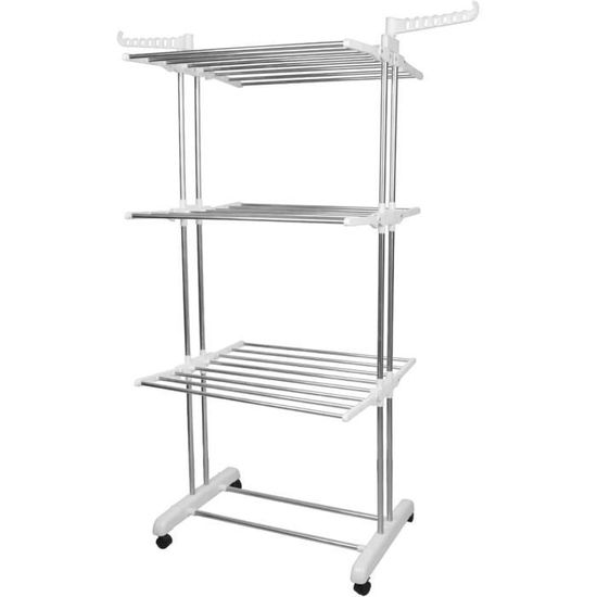 Étendoir à Linge 4 Niveaux Pliable Avec Roulettes - Acier Inoxydable, Grand Capacité - Pour Balcon, Buanderie, Intérieur/Extérieur