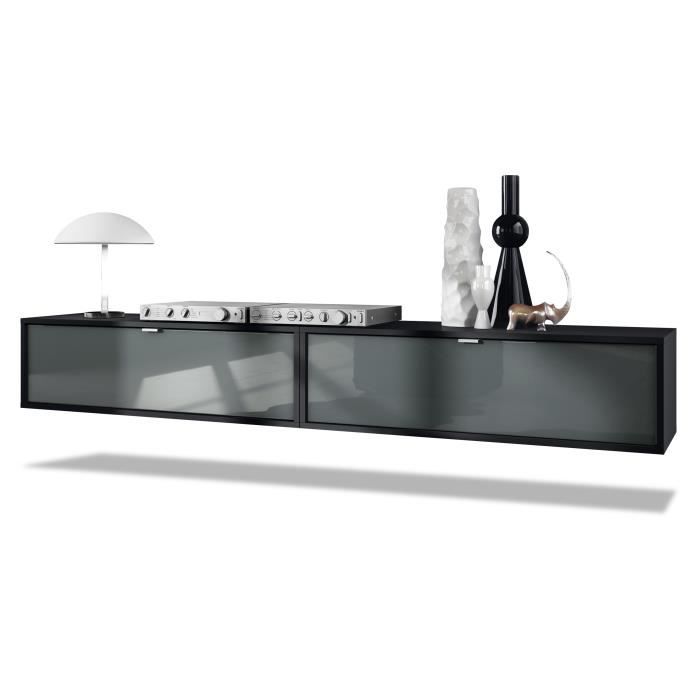 Vladon Ensemble de 2 set meuble TV Lana 100 lowboard 100 x 29 x 37 cm caisson en noir mat façades en Gris haute brillance Vladon Ensemble de 2 set meuble TV Lana 100 lowboard 100 x 29 x 37 cm caisson en noir mat façades en Gris haute brillance