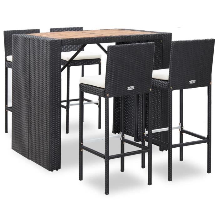 Moderne -Ensemble Table de bar + 4 bar Mange-Debout Ensemble Table et Chaises Résine tressée et bois d'acacia Noir #18790