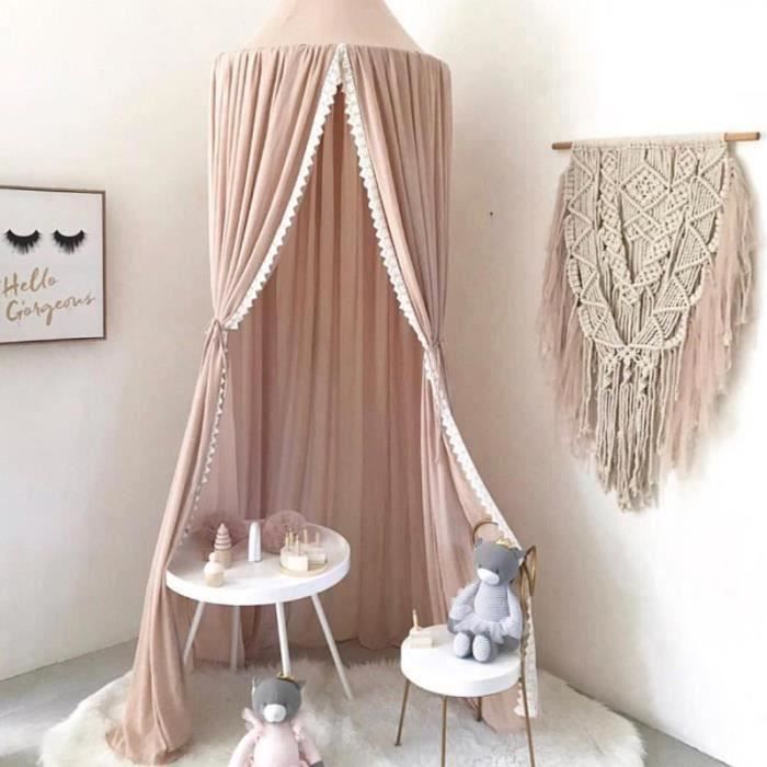 Baldaquin de Lit Moustiquaire 240*60cm Dentelle en mousseline Ciel de Lit Moustiquaire Décoration de Chambre pour Enfants Rose
