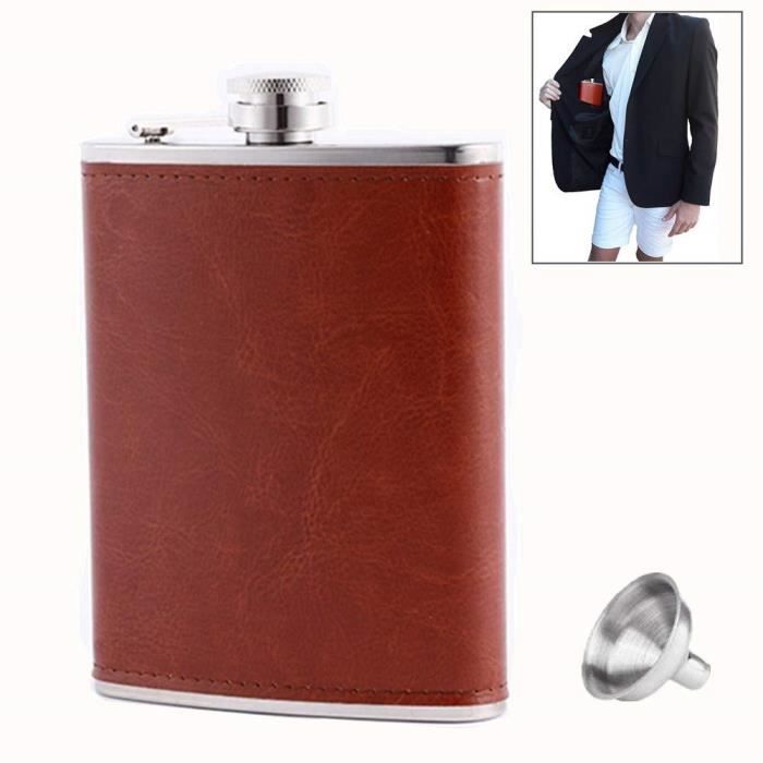 Junxave 8 oz Poche Flasque avec Entonnoir, fiole à Alcool, fiole à Liqueur, Acier Inoxydable 18-8 Cuir Marron Poche Gourde, 100%