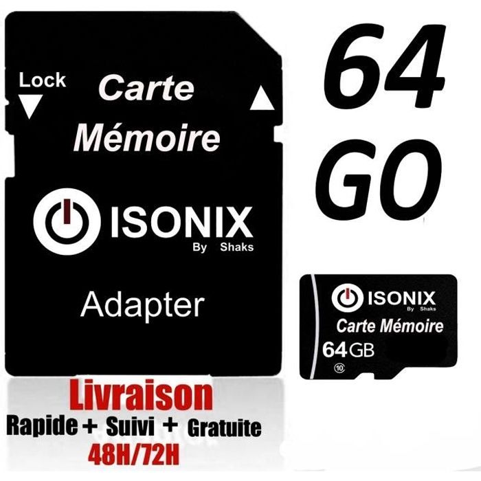 ISONIX Carte Mémoire Micro-SD 64 go SDHC/SDXC 100% Réel Class 10 + Adaptateur + Lecture Carte