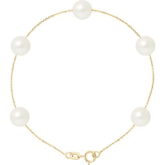 Bracelet Femme 5 Perles de culture d'eau douce Blanches AA et Or jaune 750-1000 -   - Blue Pearls 7997