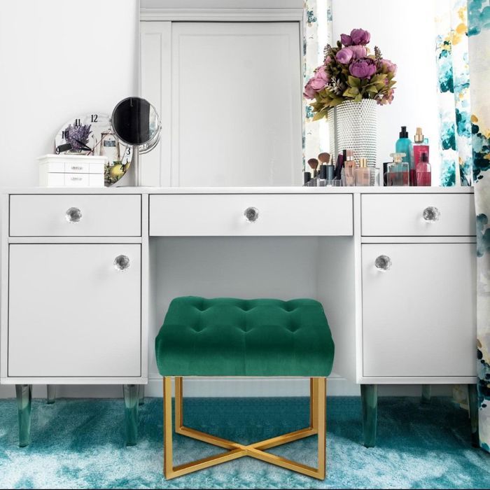 Tabouret pouf rectangle Fauve Velours Vert pied Or