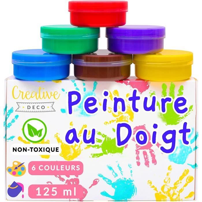 Creative Deco Peinture au Doigt Enfant - 6 x 125 ml Pots - Peinture Lavable - Couleurs Intenses et Vives