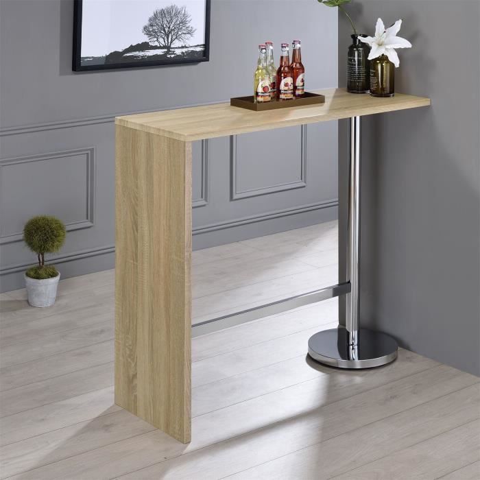 Table haute de bar RICARDO mange-debout comptoir piètement métal chromé, plateau en MDF décor chêne sonoma