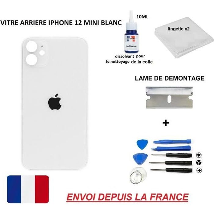 ITECHFRANCE® vitre arrière compatible IPHONE 12 MINI BLANC 5.4 qualité origine en verre, coque cache batterie double face Adhésif,di
