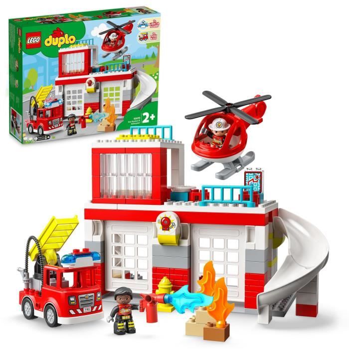 LEGO 10970 DUPLO La Caserne Et L’Hélicoptère des Pompiers, Jouet de Camion, Motricité, Grandes Briques, Cadeau Enfants Dès 2 Ans