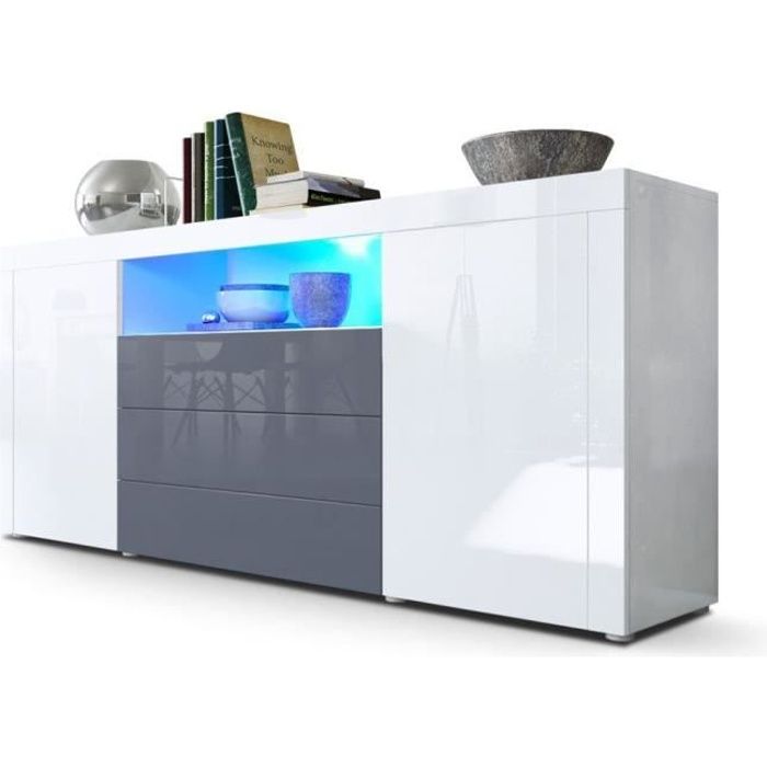 Buffet laqué blanc / Gris avec éclairage led 167 cm