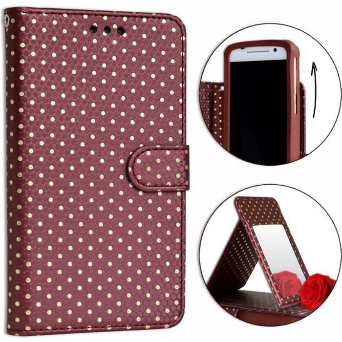 PH26® Etui housse folio marron à pois dorés pour Thomson Serea 405 en éco-cuir avec porte cartes, miroir et surpiqures apparentes