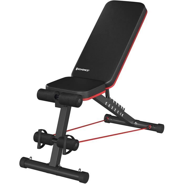 SONGMICS Banc de musculation réglable et pliable, dossier réglable 7 positions, avec 2 sangles élastiques, Noir et Rouge SWB801R01